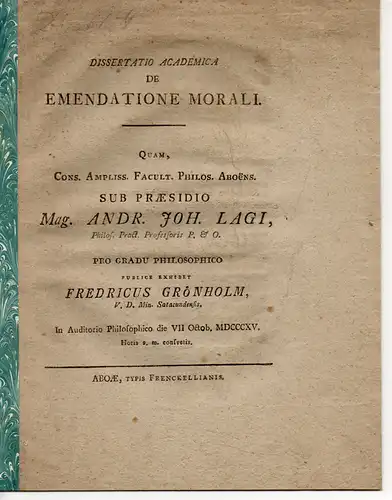 Grönholm, Fredric: Dissertatio academica de emendatione morali. 