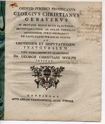 Gebauer, Georg Christian: De bonis ecclesiasticis, praecipue commendis. Promotionsankündigung von Georg Christian Wolf aus Freiberg. 