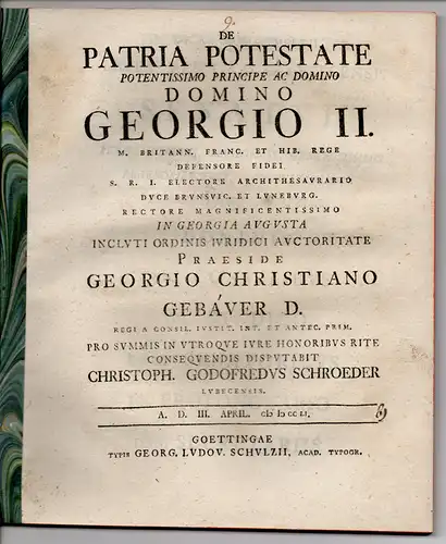 Schroeder, Christoph Gottfried: aus Lübeck: Juristische Dissertation. De patria potestate. 