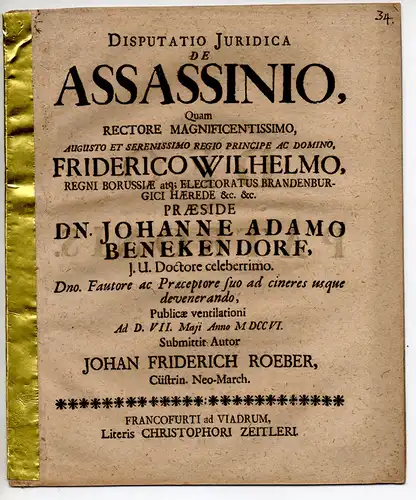 Roeber, Johann Friedrich: aus Küstrin: Juristische Disputation. De assassinio. 