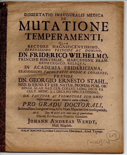 Wendt, Johann Andreas: Medizinische Inaugural-Dissertation. De mutatione temperamenti. Beigebunden: Epistola gratulatoria von Michael Alberti. 
