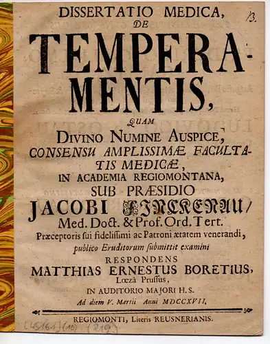 Boretius, Matthias Ernst: aus Lötzen: Medizinische Dissertation. De Temperamentis. 