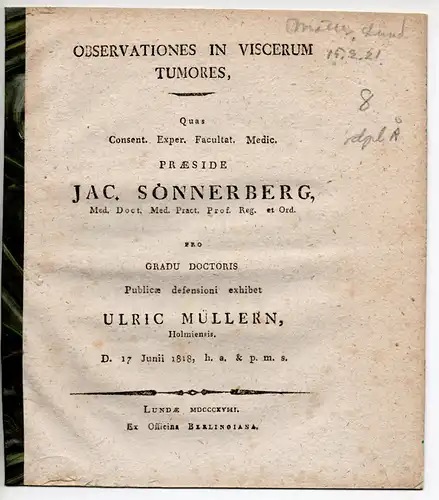 Müllern, Ulric: aus Stockholm: Observationes in viscerum tumores. Dissertation. 