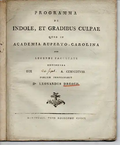 Dresch, Leonhard von: Programma De indole, et gradibus culpae. 