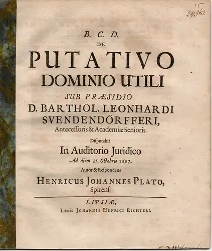 Plato, Heinrich Johann: aus Speyer: De putativo dominio utili. 