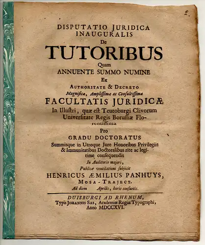 Panhuys, Henricus Aemilius (Heinrich Emil): Juristische Disputation. De tutoribus. 
