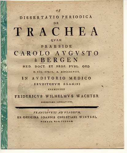 Wachter, Friedrich Wilhelm: aus Bernburg: Medizinische Dissertation. De Trachea. 