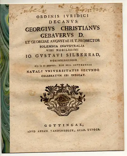 Gebauer, Georg Christian: (De tutelae definitione). Promotionsankündigung von Johannes Gustav Silberrad aus Nürnberg. 