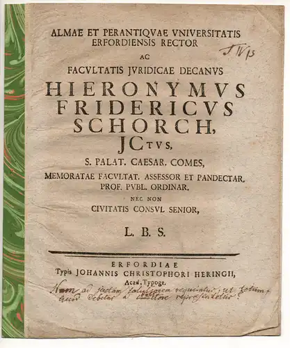 Schorch, Hieronymus Friedrich: (De solutione). Promotionsankündigung von Johann Friedrich Lots aus Zwickau. 
