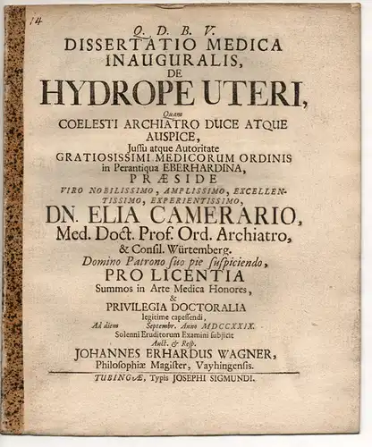 Wagner, Johann Erhard: aus Vaihingen: Medizinische Inaugural-Dissertation. De Hydrope Uteri. 
