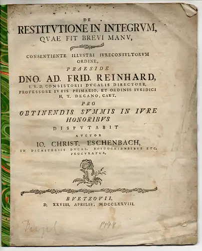 Eschenbach, Johann Christian: Juristische Dissertation. De Restitutione In Integrum, Quae Fit Brevi Manu. 