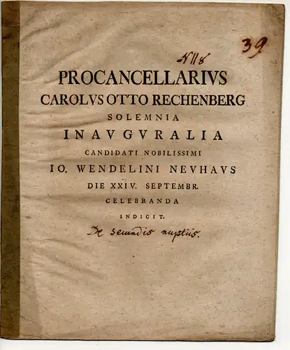 Rechenberg, Karl Otto: (De secundis nuptiis). Promotionsankündigung von Johann Wendelin Neuhaus aus Leipzig. 