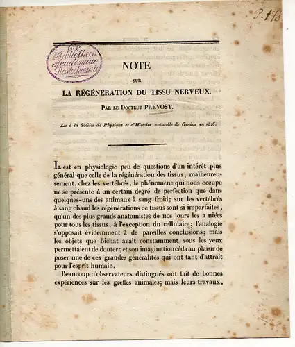 Prévost, Jean-Louis: Note sur la régénération du tissu nerveux. Sonderdruck aus: Annales des sciences naturelles Bd. 3, S. 61-64. 