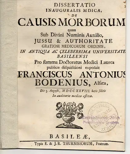 Boden, Franz Anton: Medizinische Inaugural-Dissertation. De causis morborum (Über Krankheitsursachen). 