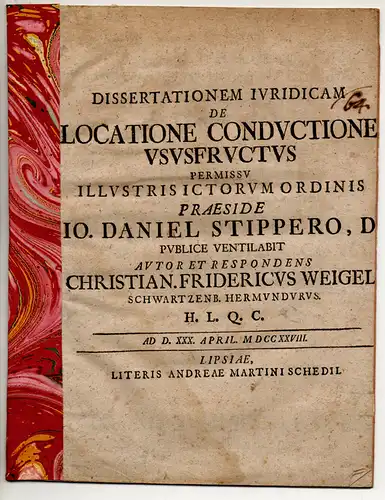 Weigel, Christian Friedrich: aus Schwartzenburg: Juristische Dissertation. De locatione conductione ususfructus. 