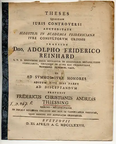 Thiessing, Friedrich Christian Andreas: Schwerin: Theses quasdam juris controversi. 