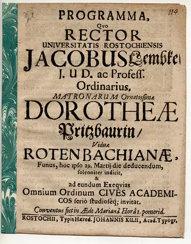 Lembke, Jakob: Einladungsschrift zur Totenfeier von Dorothea Rotenbach geb. Pritzbaur. 