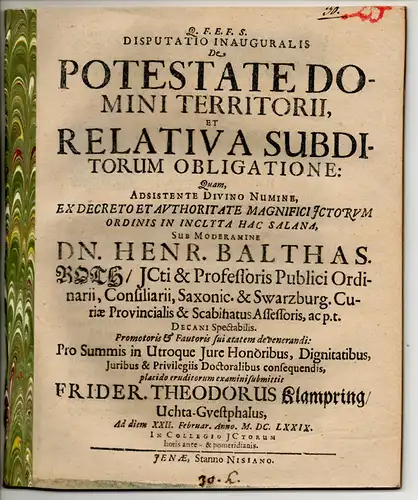 Klampring, Friedrich Theodor: aus Uchte/Westfalen: Juristische Inaugural-Disputation. De potestate domini territorii et relativa subditorum obligatione. 