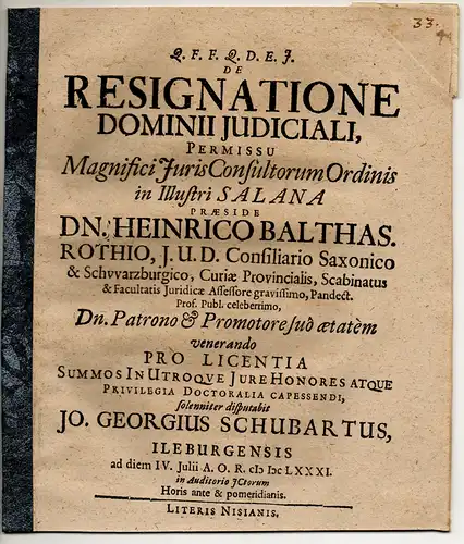 Schubart, Johann Georg: aus Eilenburg: Juristische Dissertation. De resignatione dominii iudiciali. 