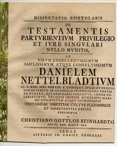 Reinhardt, Christian Gottlob: Dissertatio epistolaris de testamentis parturientium privilegio et iure singulari nullo munitis. 