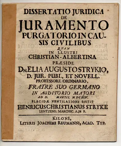 Stryk, Heinrich Christian: aus Lenzen/Brandenburg: Juristische Dissertation. De iuramento purgatorio in causis civilibus. 