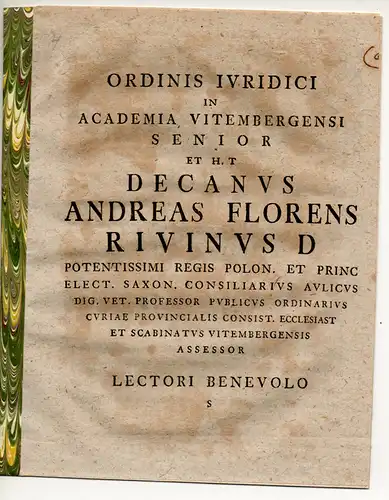 Rivinus, Andreas Florens: De auctoritate sacerdotum veteris Germaniae in iudiciis. Promotionsankündigung von Friedrich August Fischer aus Wittenberg. 