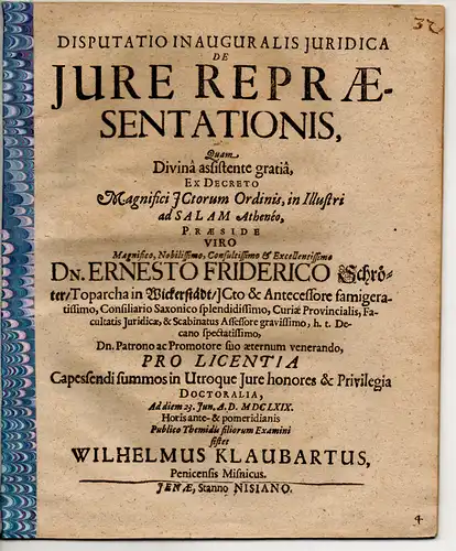 Klaubart, Wilhelm: Juristische Inaugural-Disputation. De iure repraesentationis. 