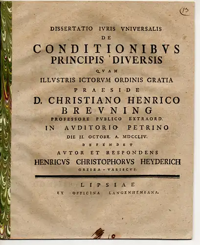 Heyderich, Heinrich Christoph: aus Greiz: Juristische Dissertation.  De conditionibus principis diversis. 