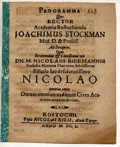 Stockmann, Joachim: Einladungsschrift zur Totenfeier von Nicolaus Ridemann. 