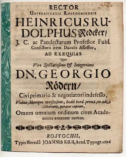 Redecker, Heinrich Rudolph: Einladungsschrift zur Totenfeier von Georg Röder. 