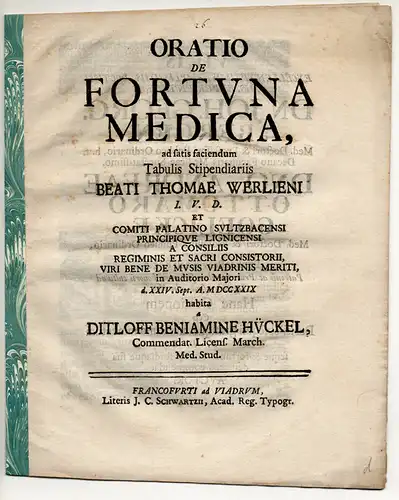 Hückel, Ditloff Benjamin: Oratio de fortuna medica (Vortrag über das medizinische Glück). 