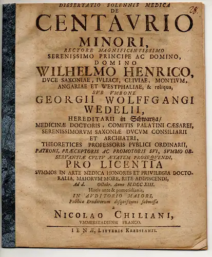 Chiliani, Nicolaus: aus Ummerstadt: Medizinische Dissertation. De centaurio minori (Über das Tausendgüldenkraut). 