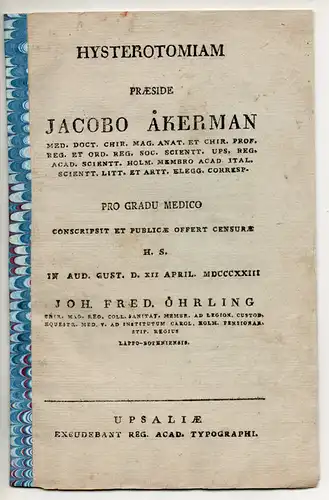 Öhrling, Johan Fredrik: Hysterotomiam. Dissertation. 