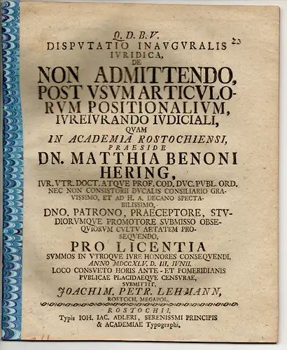 Lehmann, Joachim Peter: aus Rostock: Juristische Inaugural-Disputation. De non admittendo, post usum articulorum positionalium iureiurando iudiciali. 