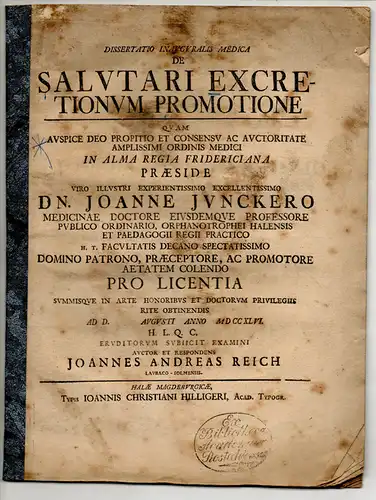 Reich, Johann Andreas: aus Laubach: Medizinische Inaugural-Dissertation. De Salutari excretionum promotione (Über das Fördern heilsaurer Exkremente). 