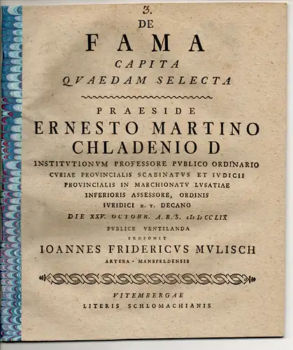 Mulisch, Johann Friedrich: Juristische Disputation. De fama capita quaedam selecta. 