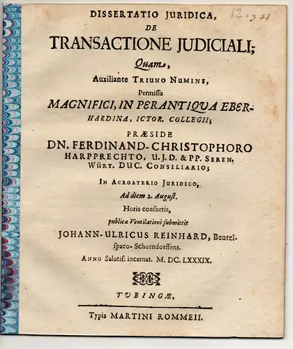 Reinhard, Johann Ulrich: Beutelsbach/Schorndorf: Juristische Dissertation. De transactione iudiciali. 