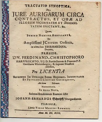 Schnepff, Johann Erhard: aus Stuttgart: Tractatio synoptica, de iure aurigarum circa contractus, et quae ad illorum securitatem et indemnitatem spectant, &c. 