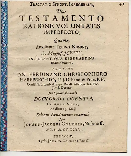 Golther, Johann Jacob: aus Nußdorf: Tractatio synopt. inauguralis, de testamento ratione voluntatis imperfecto. 