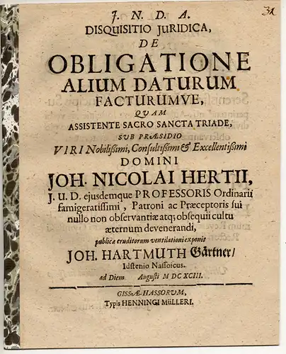 Gärtner, Johann Hartmut: aus Idstein, Nassau: Juristische Disquition. De obligatione alium daturum facturumque. 