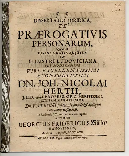 Müller, Georg Friedrich: aus Hannover: Juristische Dissertation. De praerogativis personarum. 