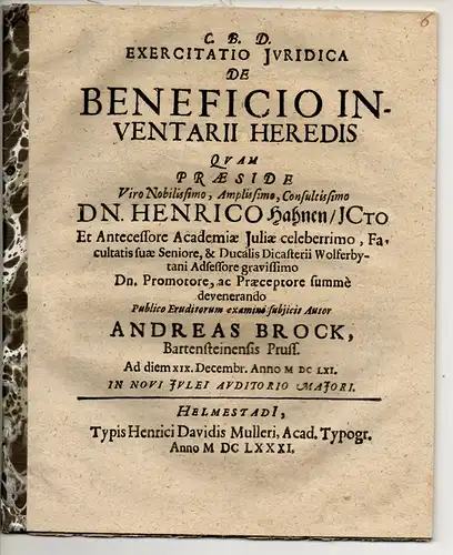 Brock, Andreas: aus Bartenstein: Juristische Exercitatio. De beneficio inventarii heredis. 