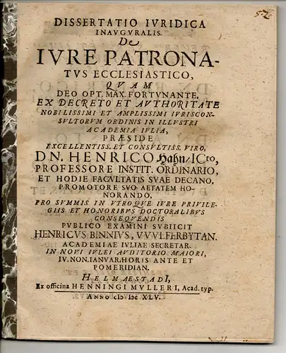 Binn, Heinrich: aus Wolfenbüttel: Juristische Inaugural-Dissertation. De iure patronatus ecclesiastico. 