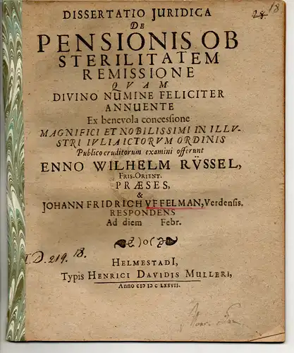 Uffelmann, Johann Friedrich: aus Verden: Juristische Dissertation. De pensionis ob sterilitatem remissione. 