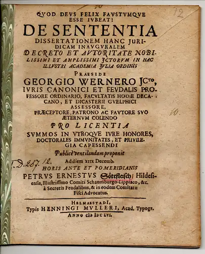 Sötefleisch, Peter Ernst: aus Hildesheim: Juristische Inaugural-Dissertation. De sententia. 