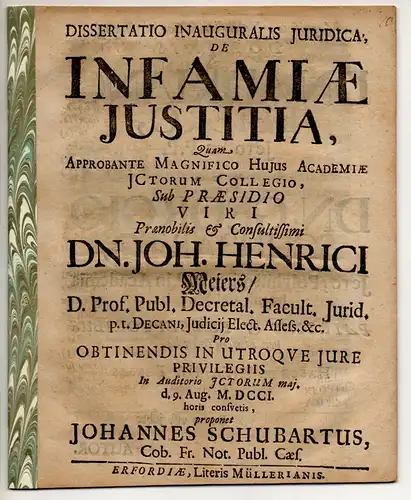 Schubart, Johann: aus Coburg: Juristische Inaugural-Dissertation. De infamiae iustitia. 