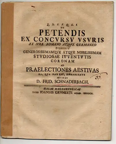 Schnaderbach, Friedrich: De petendis ex concursu usuris ex iure Romano atque Germanico. 