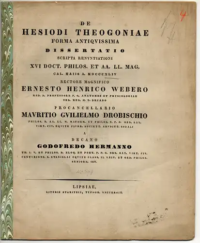 Hermann, Gottfried: De Hesiodi theogoniae forma antiquissima dissertatio. Universitätsprogramm. 