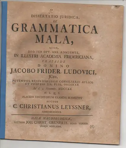 Leyssner, Christian: aus Magdeburg: Juristische Dissertation. De grammatica mala. 