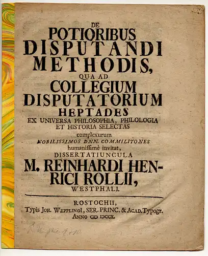 Roll, Reinhard Heinrich: De potioribus disputandi methodis qua ad Collegium disputatorium heptades. 